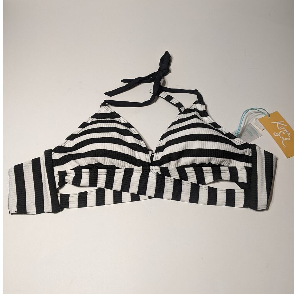 Kona Sol Swimsuit Faux Wrap‎ Halter Bikini TopBlack White Stripe Small 4-6 Caged